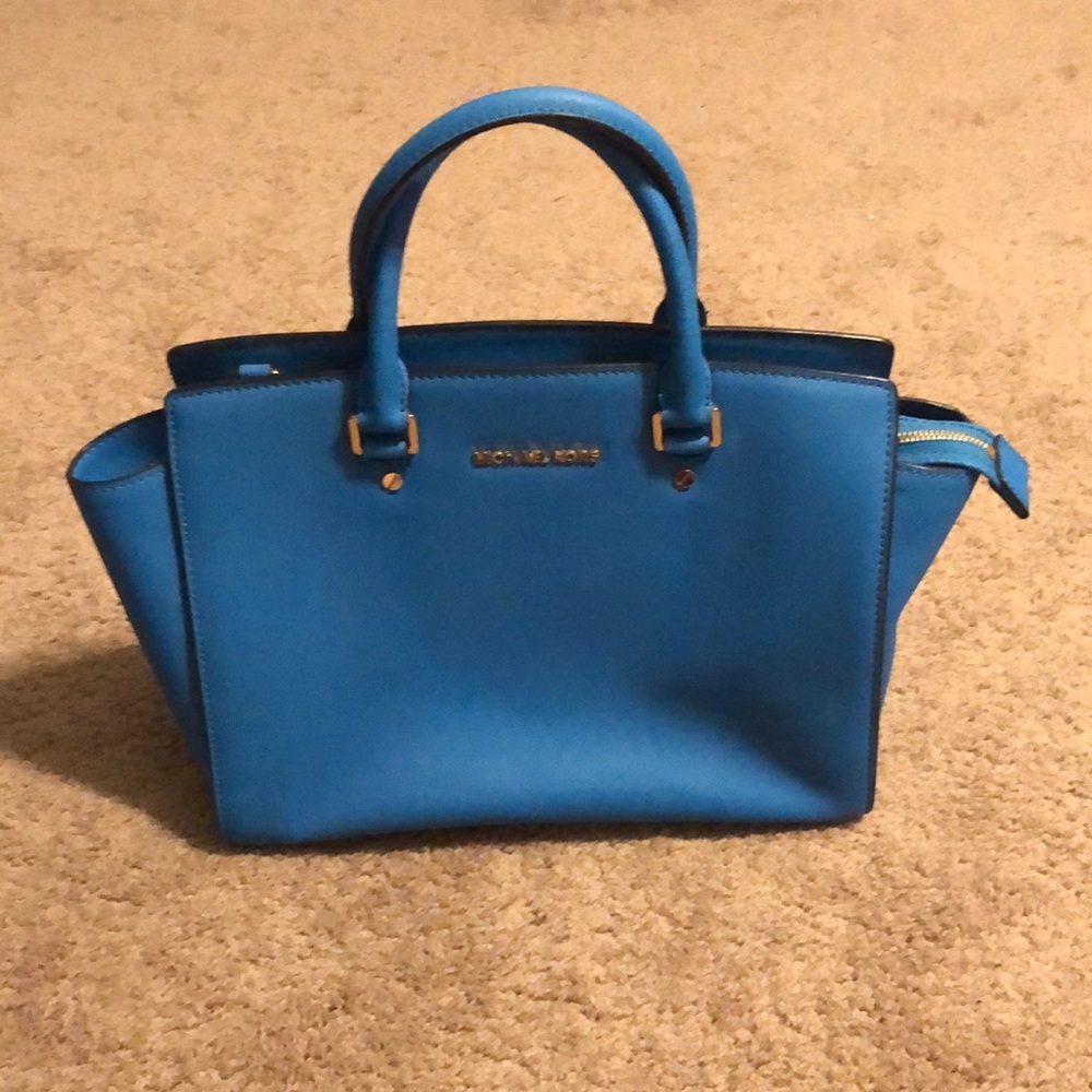 Michael Kors Blue Handbag leather blue satchel crossbody tote zipper logo gold